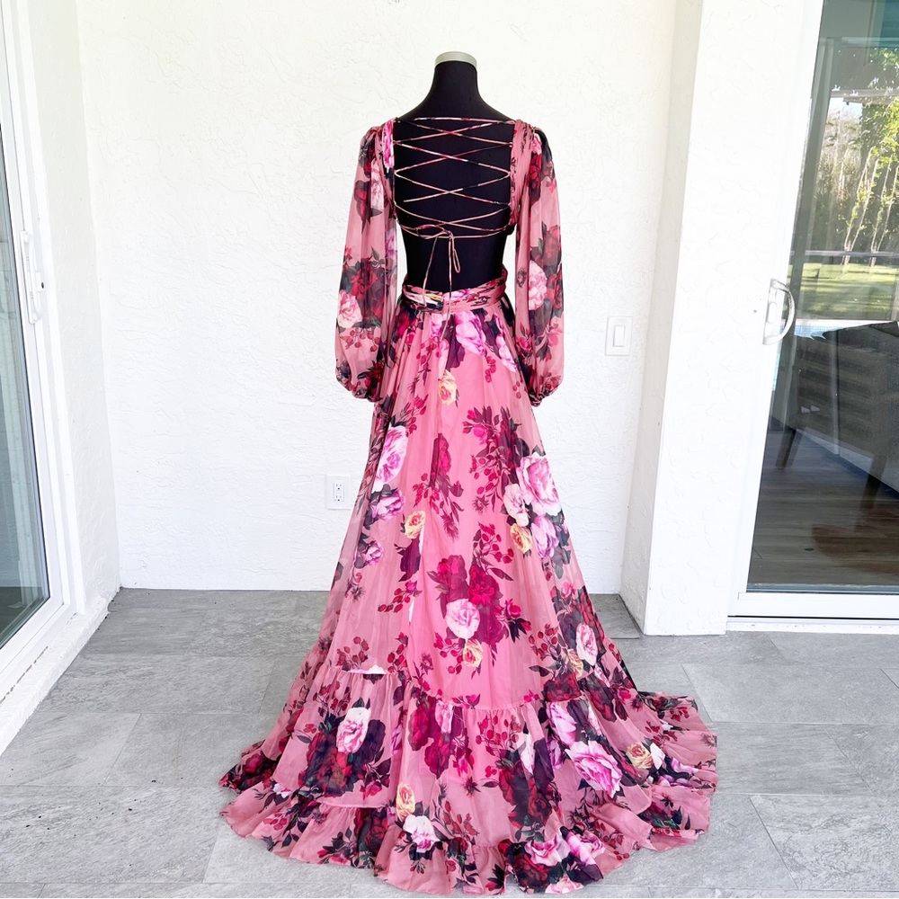 Mac Duggal 67946 Floral Long Sleeve Cut Out Chiffon Maxi Formal Dress Size 4 - Picture 12 of 16